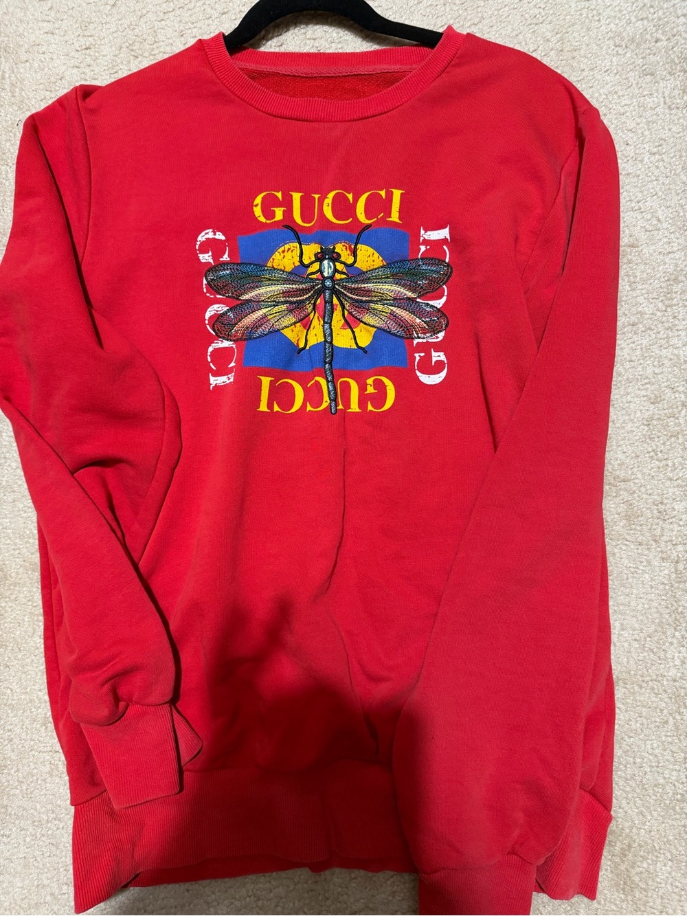 Gucci Red Crewneck with Multicolor Insect Graphic
